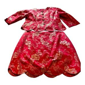Red Brocade Two-Piece Skirt Suit with Gold Floral Jacquard
